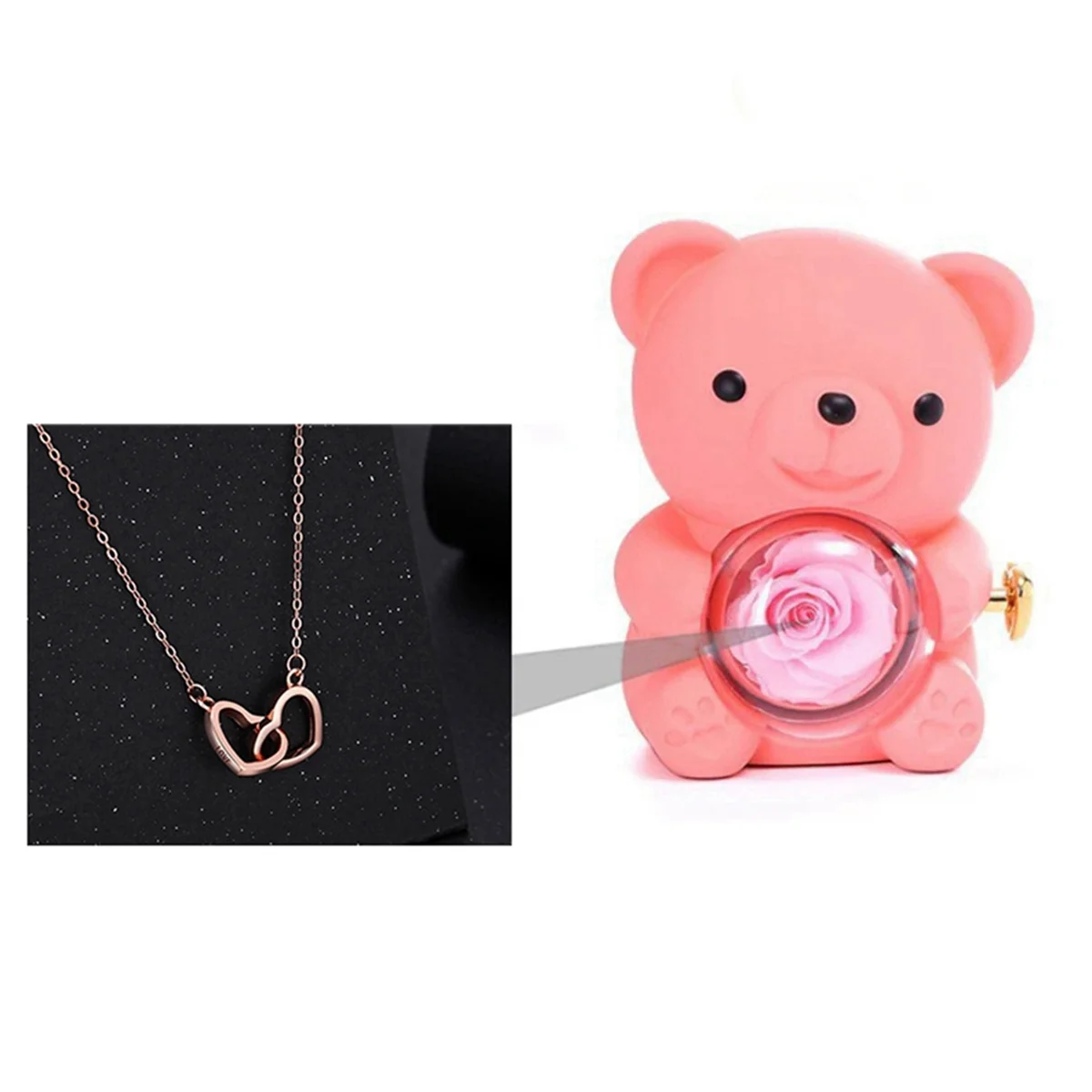 

Eternal Rose Flower Bear Box with Double-Heart Necklace, Female Jewelry Gift Box, Suitable for Mom, Girlfriend and Wife.