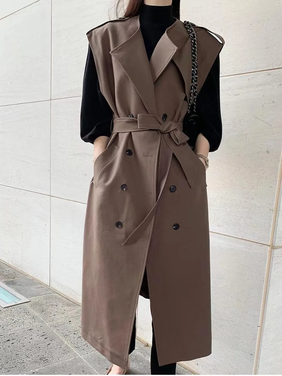 

Chic Vintage Long Svel Windbreaker Coat Women's Waist-Cinching Knee-Length Double-Buttoned Belted Autumn Faion Outerwear