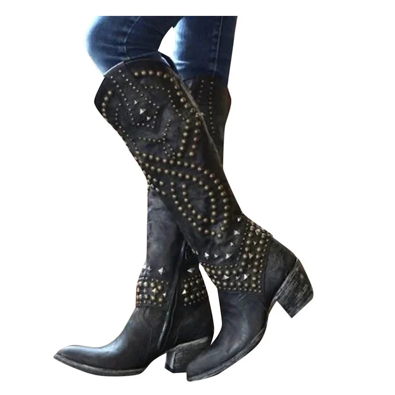 Women Boots Black Western Boots Chunky Heel Fashion Rivet Pointed Toe Cowgirl Boots Size 43 Knee High Boots For Female Shoes