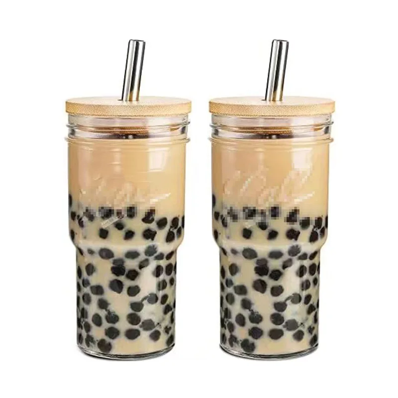 730ml Iced Coffee Glasse Cup with Bamboo Lid and Straw Reusable Boba Cup Smoothie Tumbler Glass Bubble Tea Cup