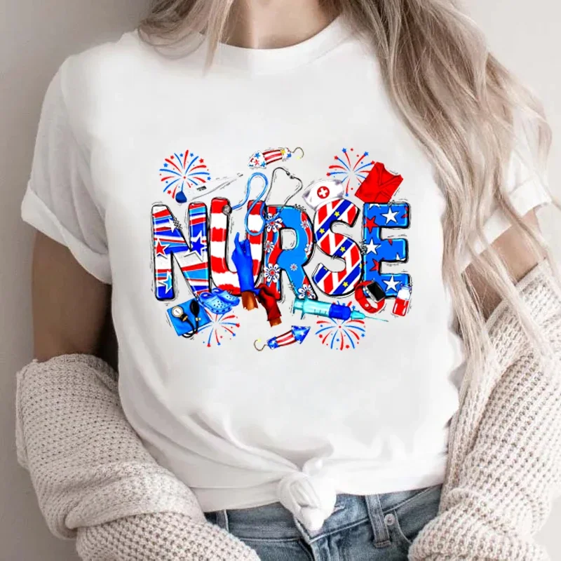 Summer T-Shirts Nurse 4th of July Letters Print Crew Neck T-Shirt Nurse American Stethoscope 4th of July T-Shirt Oversized Shirt