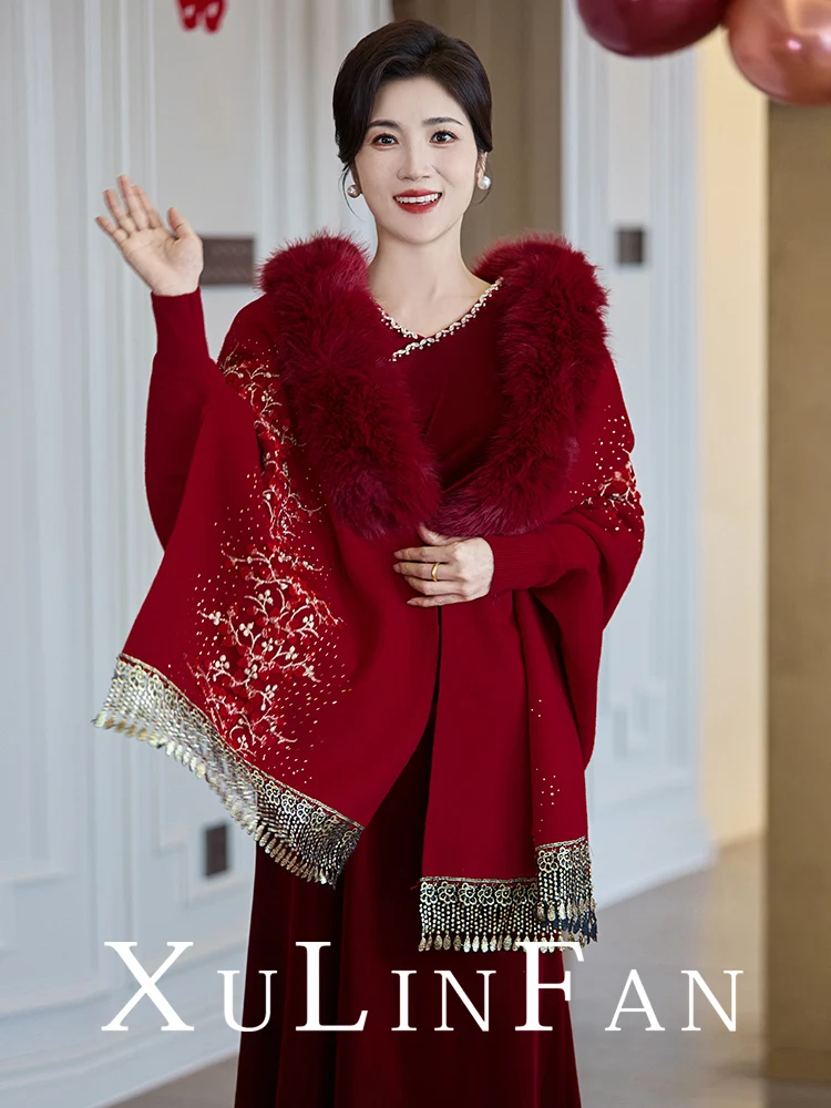 

Red Embroidered awl Collar Warmth Wedding Banquet Matron of Mom Marriage Dr Coat Outerwear Faux Fur Collar