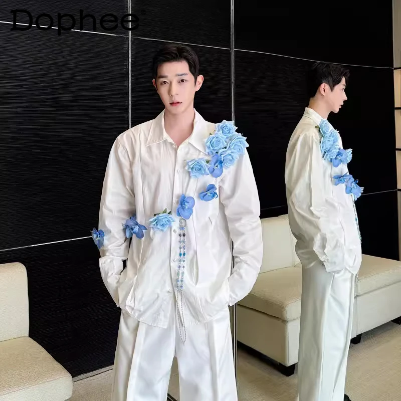 

Trendy Three-dimensional Handmade Floral Tops Elegant Long-sleeve Shirts Men 2026 Spring New High-end Light Luxury Trendy Shirts