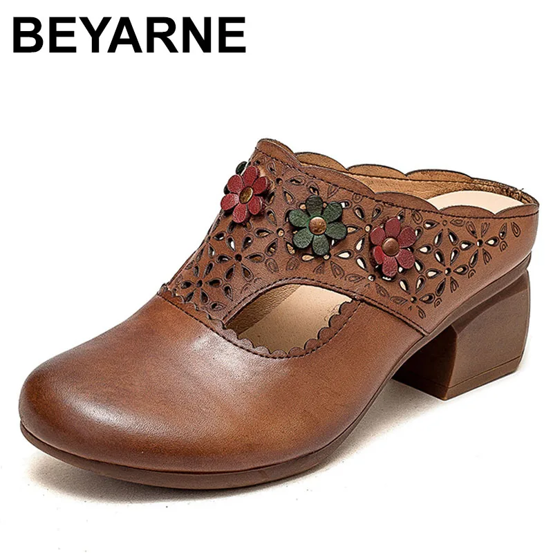

5cm Women Slippers Sandals Super Chunky Heels Summer Genuine Leather Ethnic Moccains Fashion Round Toe Elegance Shoes