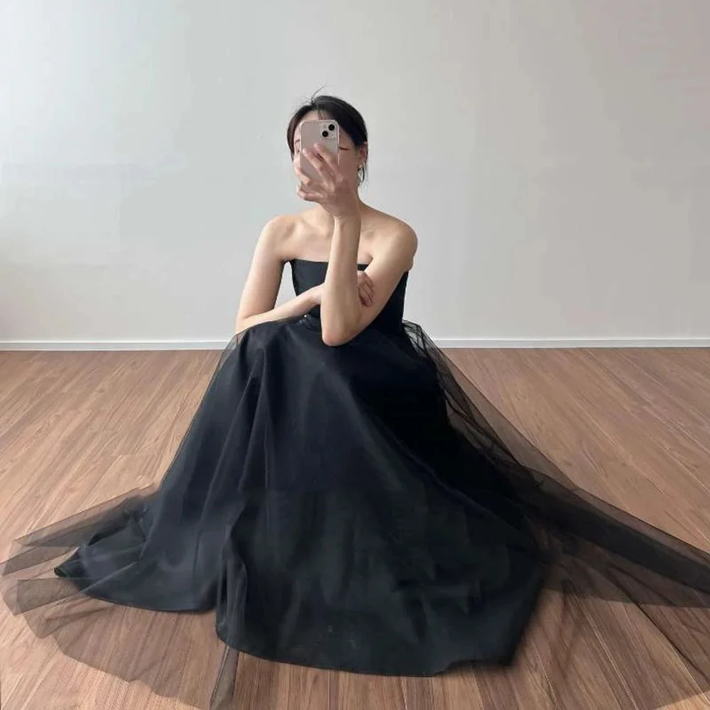 

Yipeisha Simple Elegant A Line Black Evening Dresses Tulle Bolero Wedding Strapless Formal Occasion Party Dress Corset