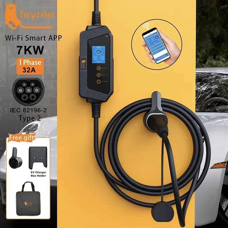 Feyree แบบพกพา EV Charger Type2 32A 7KW Fast CHARGING สําหรับยานพาหนะไฟฟ้า APP Wi-Fi ควบคุมโดยการตั้งค่า Current & เวลาชาร์จ