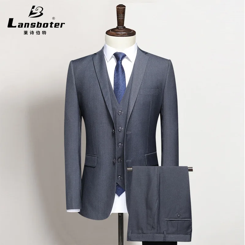 

Men's Suit Gray Set Solid 3 Pieces Men's Business Slim Fit Formal Dress Professional Wedding Suit Coat Vest With Pants