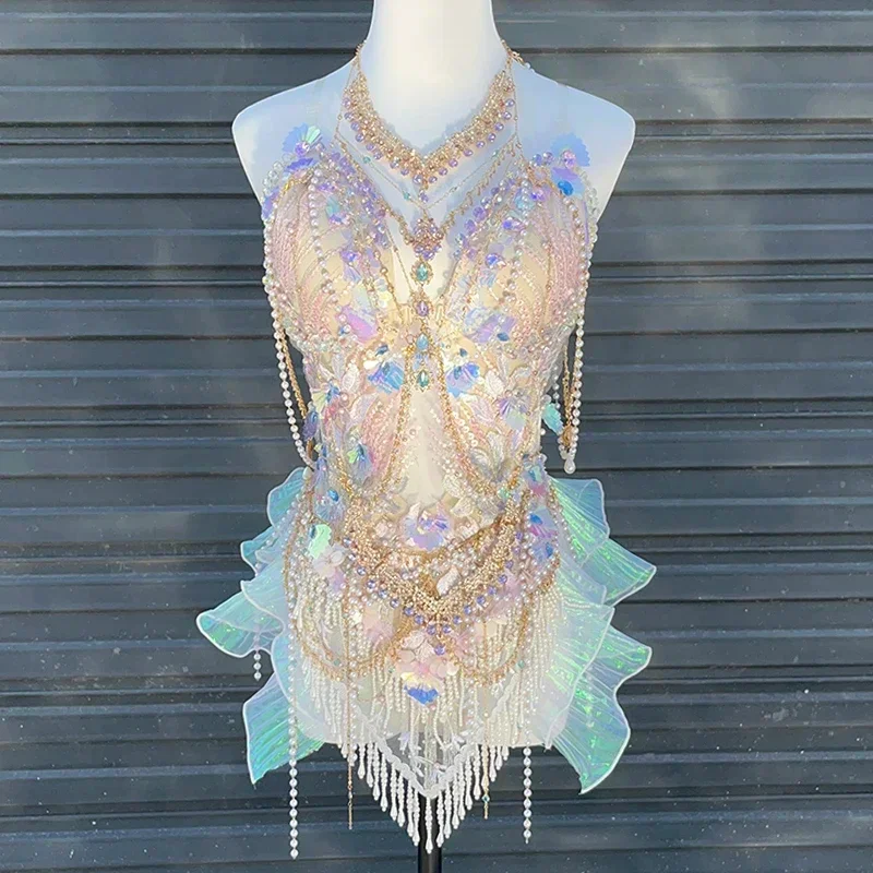 

Women Rhinestone Chain Mermaid Bodysuit Swimsuit Electric Syllable Sexy Performance Clothing Girl Night Club Performance Costume