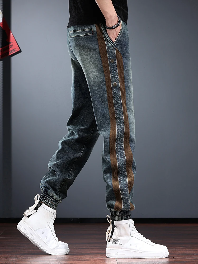 

Retro American Striped Color Block Workwear Jeans Men's Spring Autumn New Trendy Brand Handsome Cuffed Casual Harlan Pants