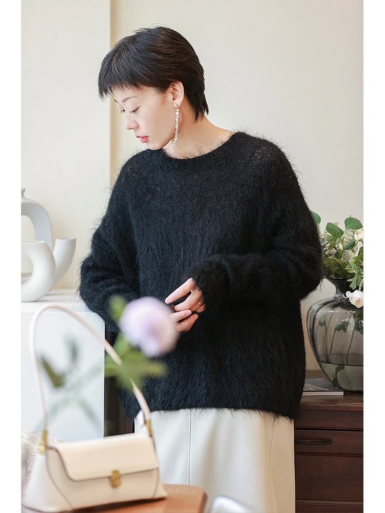 

Casual Loose Knitted Sweater Women's Bla Mouton round Ne Pullover Slimming Effect Comfortable Fit Autumn Winter New Arrival