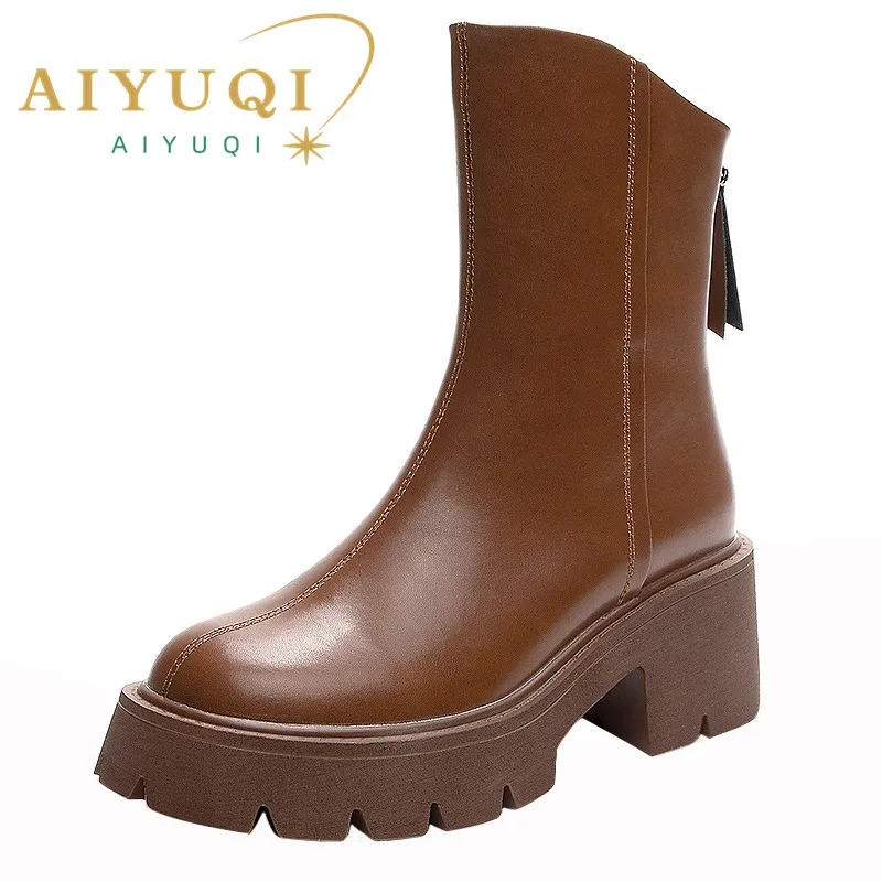 AIYUQI Women Booties Genuine Leather British Style Short Boots Women Retro Back Zipper High Heels Western Cowboy Boots Women