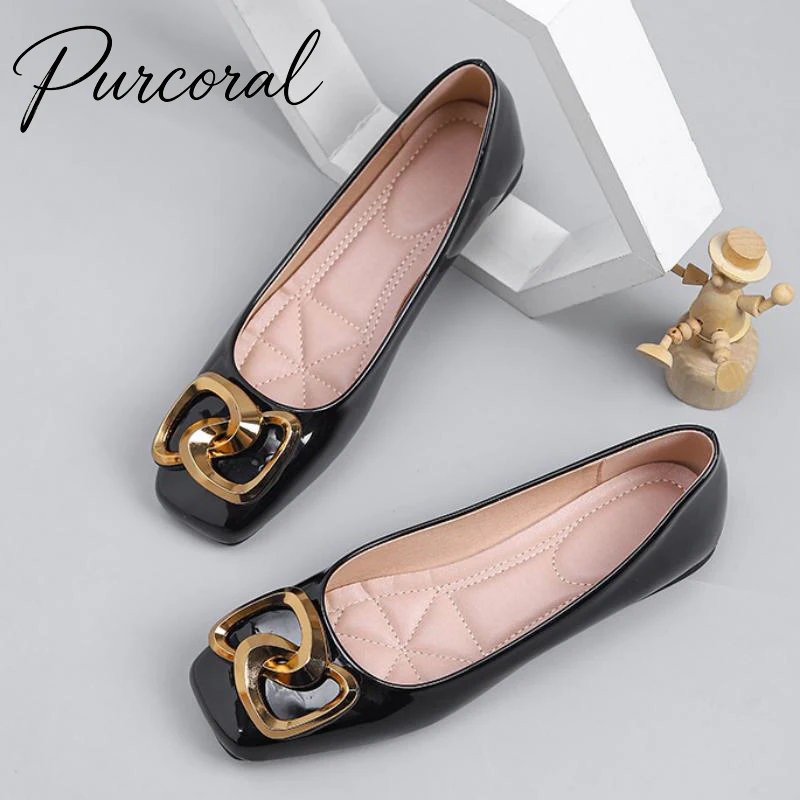 Purcoral Women Patent Leather 2026 Square Toe Flats Metal Buckle Decor Slip On Soft Sole Office Daily Ballet Shoes