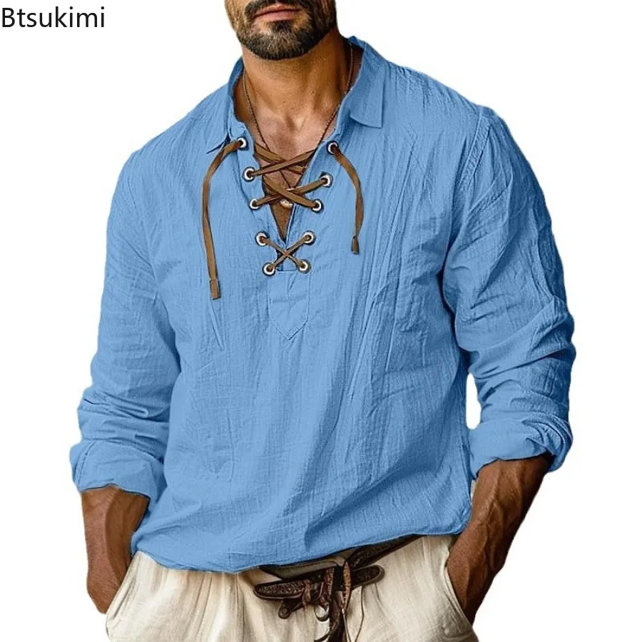 2025 Men's Solid Vintage Shirts Casual Drawstring V Neck Cotton Linen Shirt Fashion Streetwear Loose Long Sleeve Shirt Tops Male