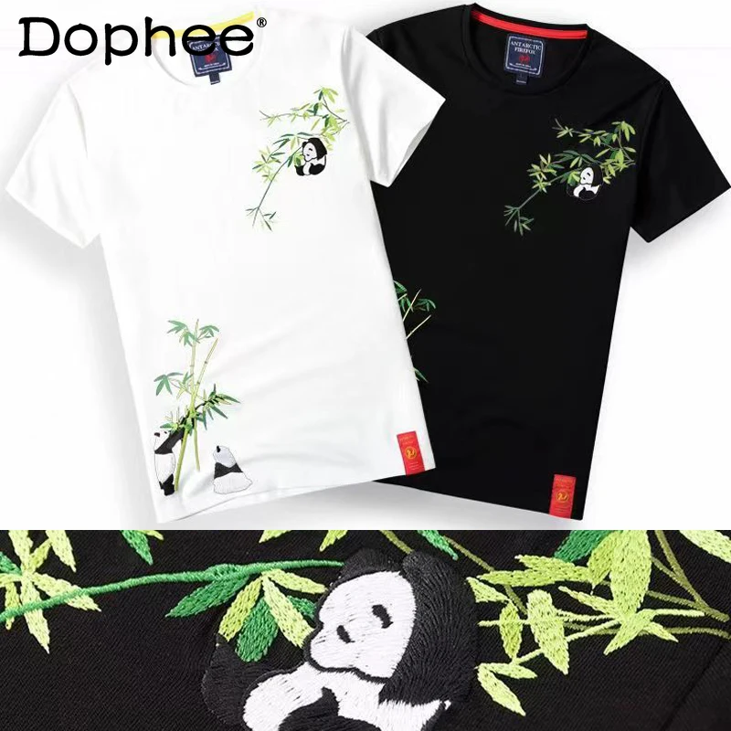 2024 Summer Bamboo Leaf Panda Bamboo Embroidered Cotton T-shirt Men Women Loose Casual Youth Fashion Short-Sleeved T-shirts