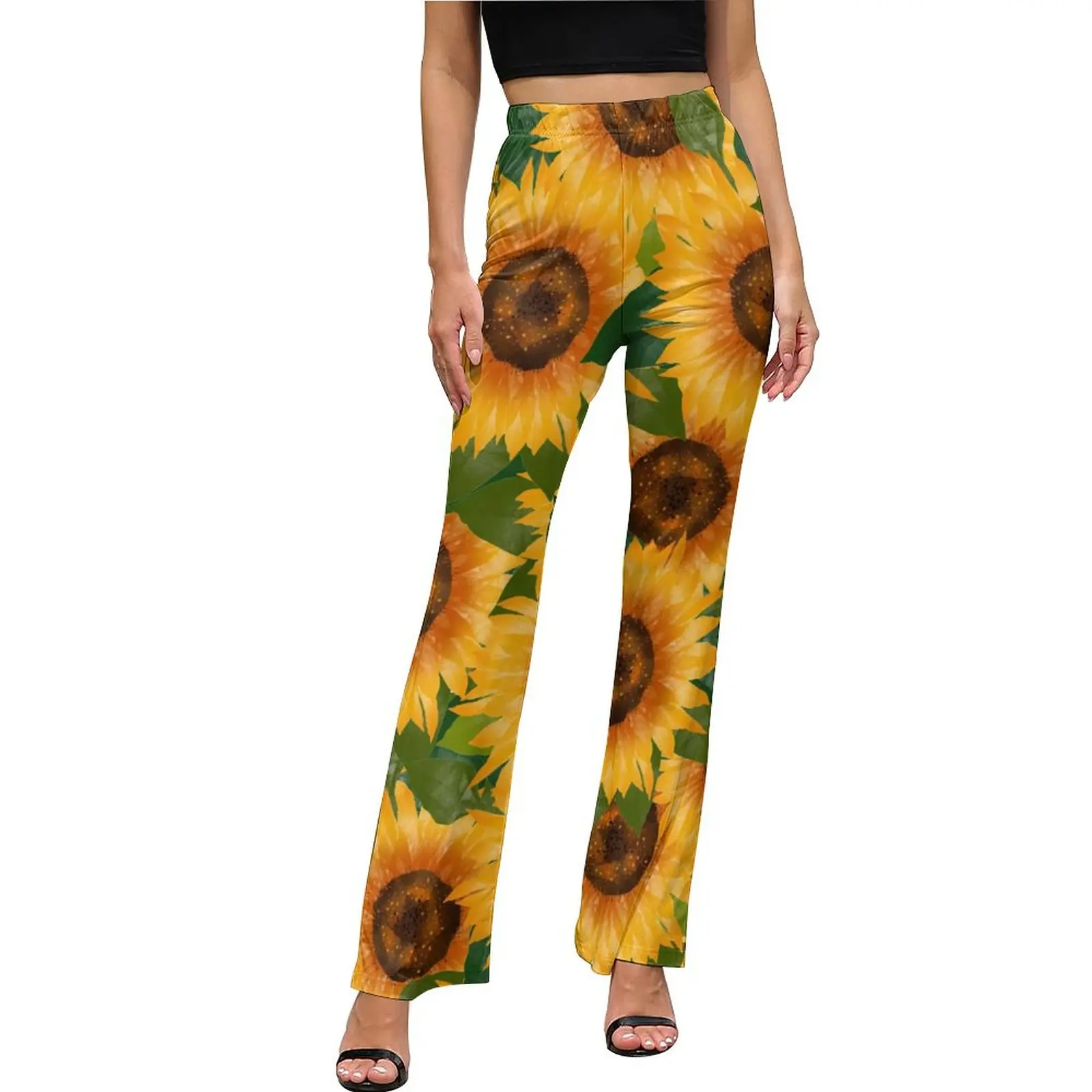 

Yellow Sunflower Casual Pants Summer Flowers Print Night Club Printed Flare Trousers High Waist Slim Stretch Fashion Pants