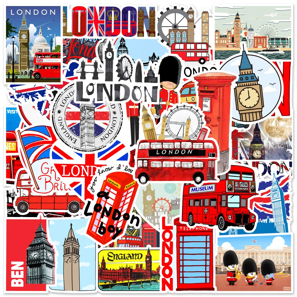 10/30/50PCS Red and Blue British Style Landscape Bus Sticker DIY Phone Laptop Luggage Skateboard Graffiti Decals Fun for Kid