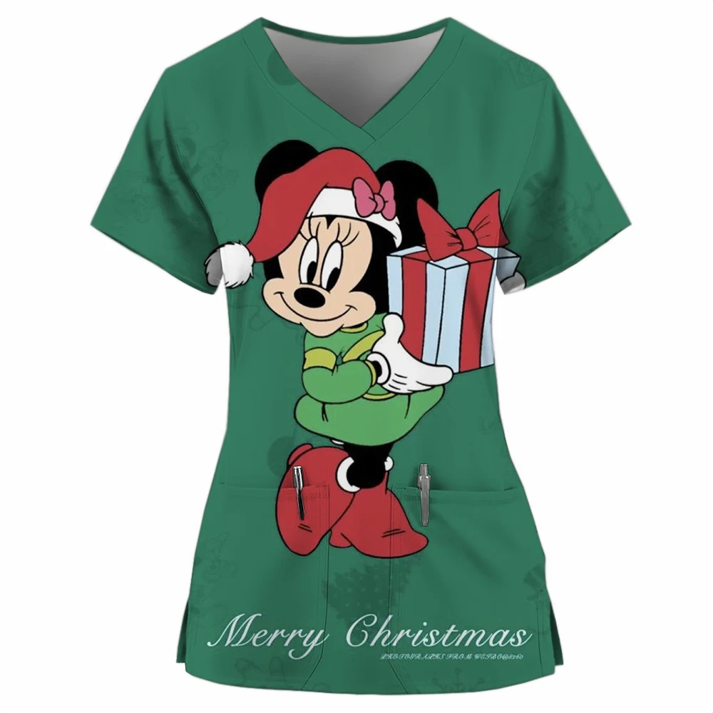 Nurse Uniform Women's Merry Christmas Disney Mickey Mouse Printed Short Sleeve V-neck Matte Work Clothes Medical Shirts Work Top