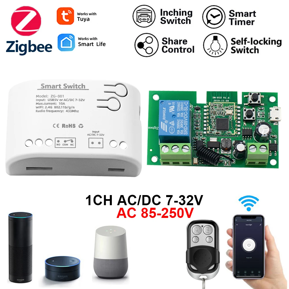 

Zigbee eWelink Умный релейный переключатель модуль 1 канал переменного / постоянного тока 7-32 В 220 В USB 5V RF / APP Беспроводной пульт дистанционного управления умным домом Работа с Alexa