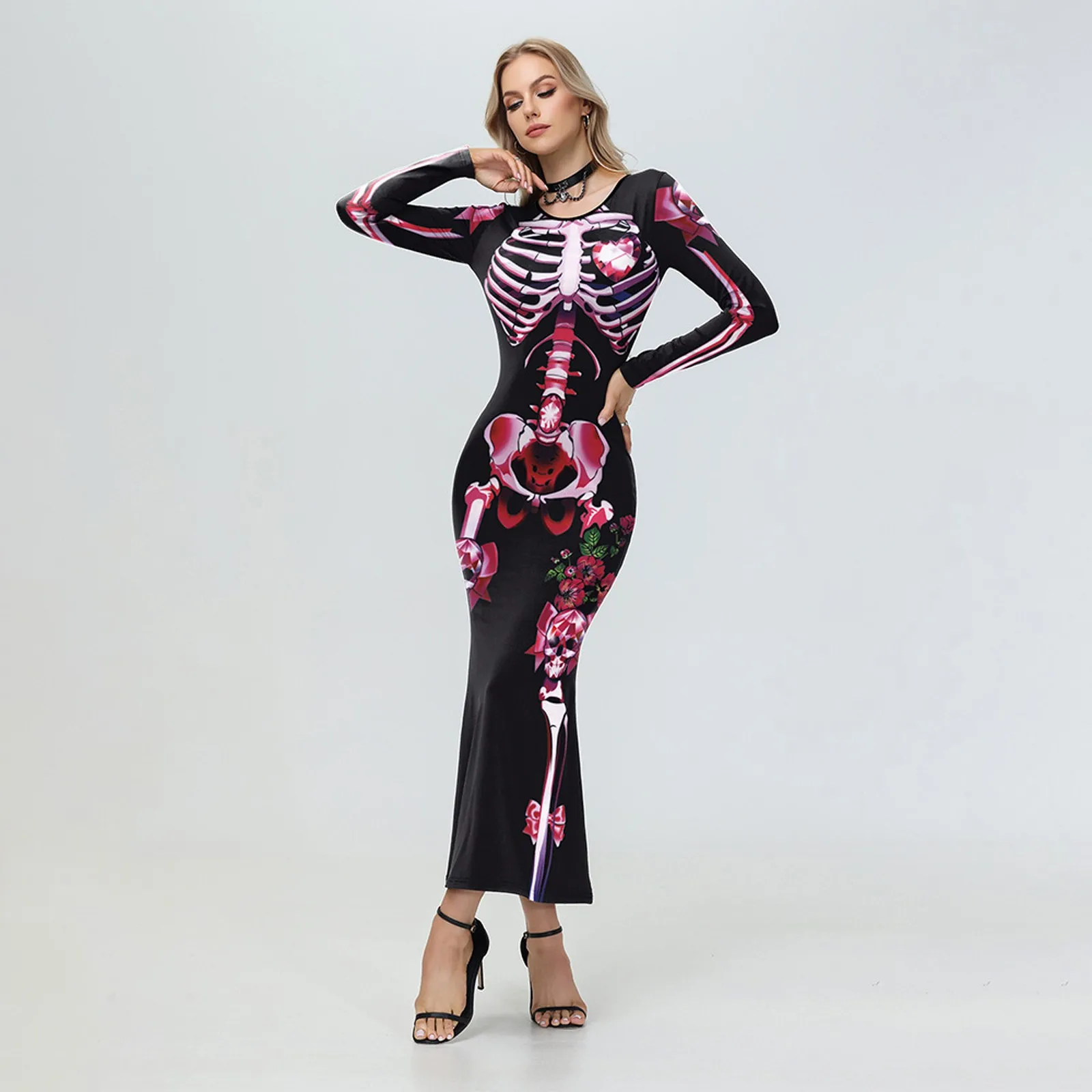 Women'S Fashion Skeleton Printed Long Sleeve Dress Floral Round Neck Maxi Dress Elegant Women'S Dresses For Party Vestidos Mujer