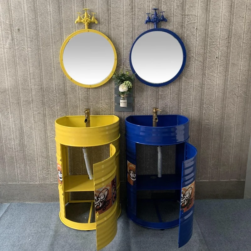 

Logo wrought iron retro industrial wind bathroom semi-round oil drum wash basin combination floor column washstan