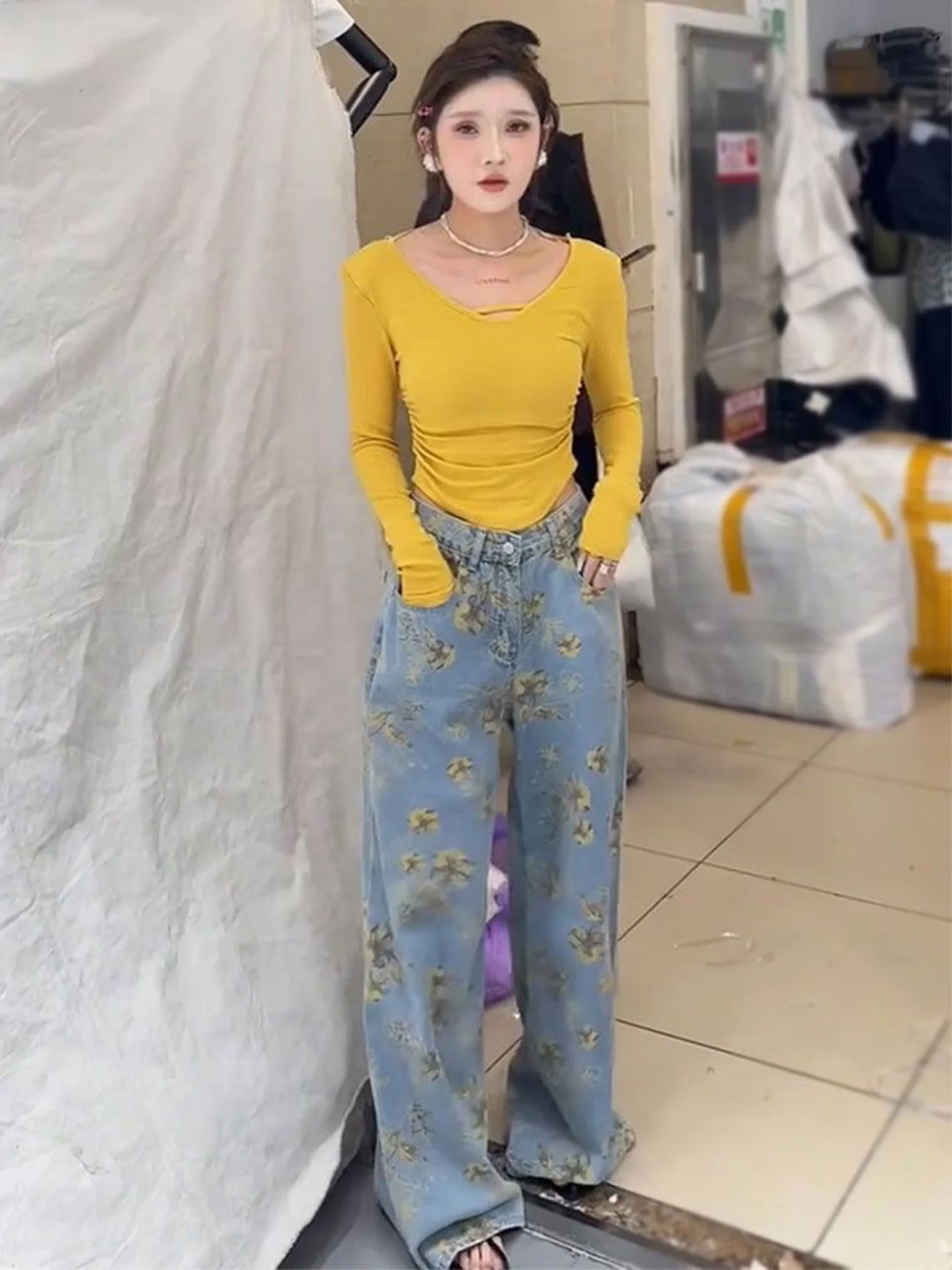Tall Women's High Waist Wide Leg Jeans Floral Print Denim Floor Length Fashionable Retro Slimming Versatile Casual Trousers