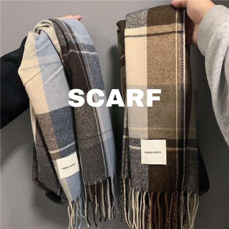 Plaid Tassel Women's Fashion Scarves Long Imitation Cashmere Like Shawl Winter Warm Knit Large Tassel Scarf Simple Versatile