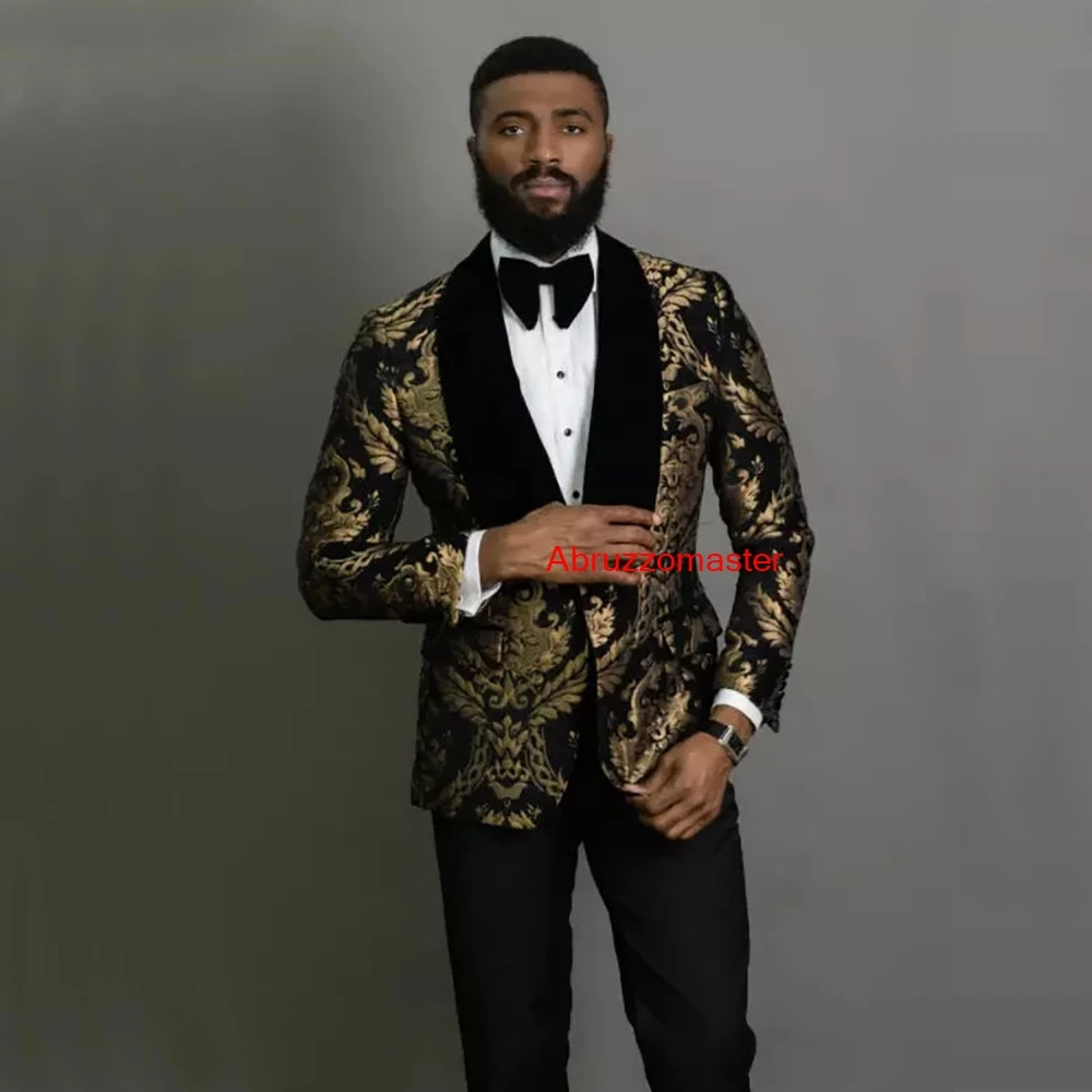 

Printed Groomsmen Wedding Tuexdos Paisley Jacquard Floral Suits for Men Wedding Groom Shawl Lapel Jacket Pant Prom