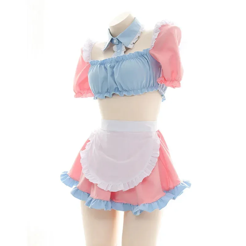 Sexy Lingerie Cosplay costumes Maid Outfit cute Home Cat Ear Pink Blue Top Short Skirt Server Uniform Women's Exatic Dress New