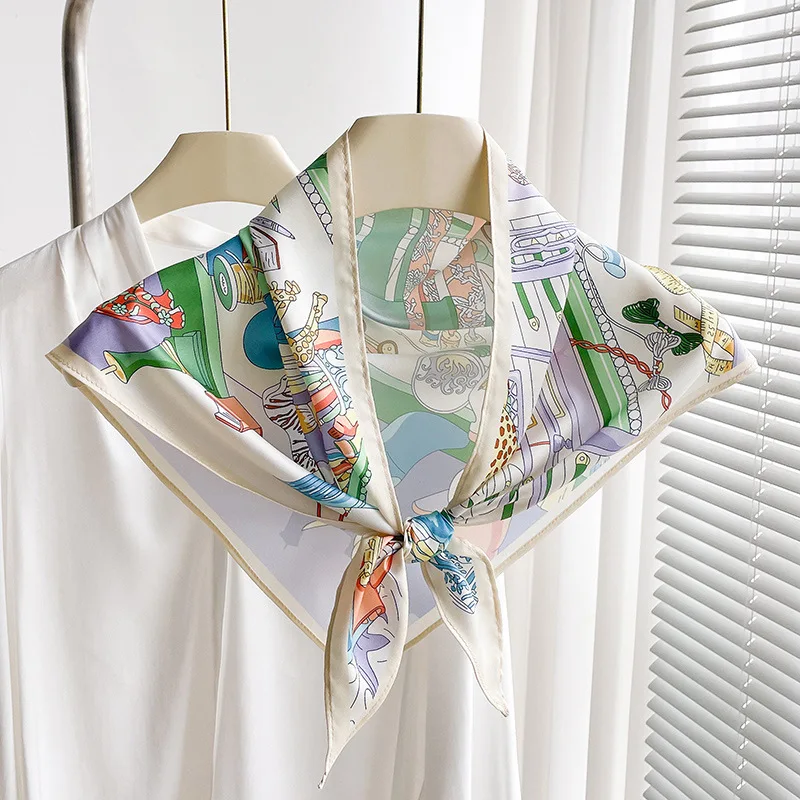 Simulated Silk Scarf for Women with Thin Scarf for Spring and Summer Fashionable Commuter Silk Scarf with Triangle Headscarf