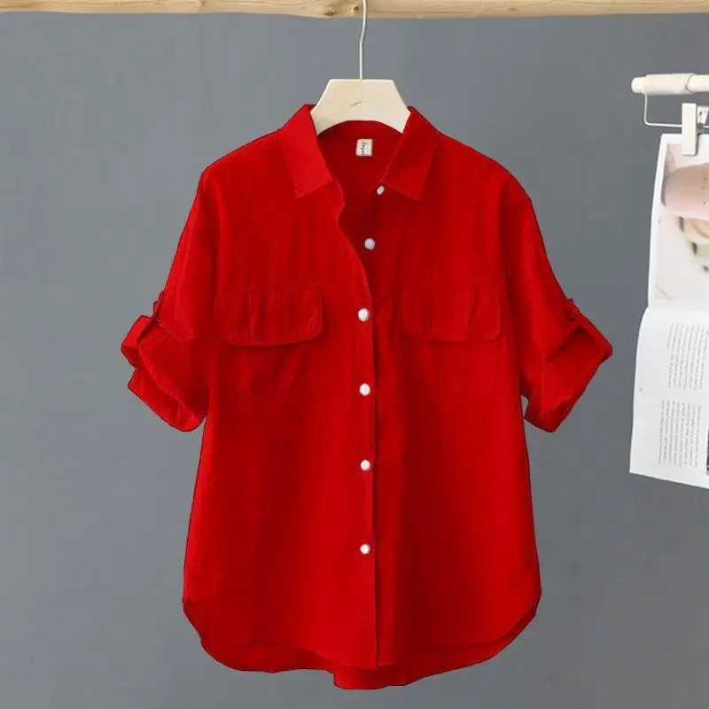 Blusa Casual Feminina Solta de Verão Nova com Botões Frontais em Cor Pura Confortável