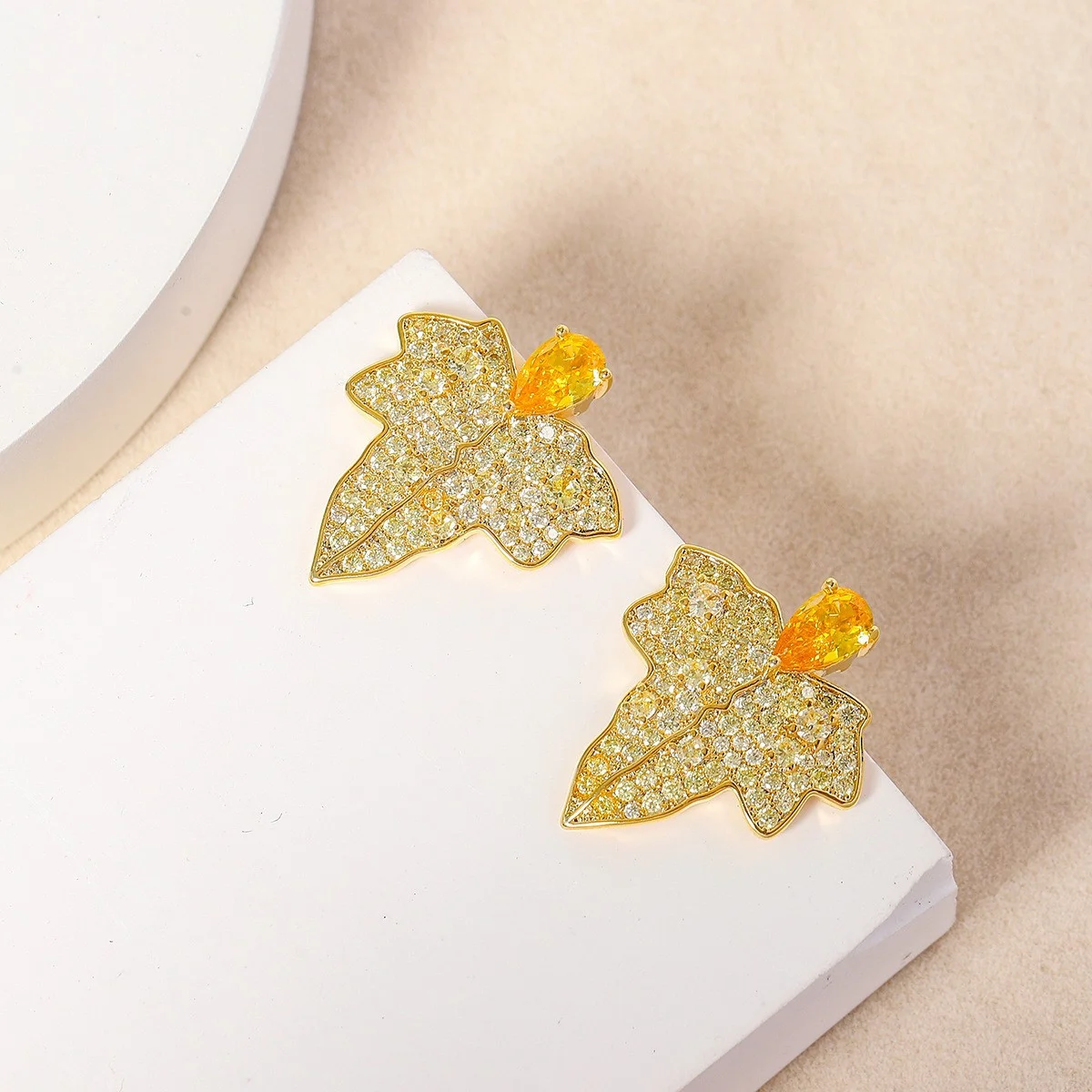 

925 Silver Needle Luxury Yellow Gemstone Leaf Stud Earrings, Elegant Daily Wear Statement Jewelry Gift for Women