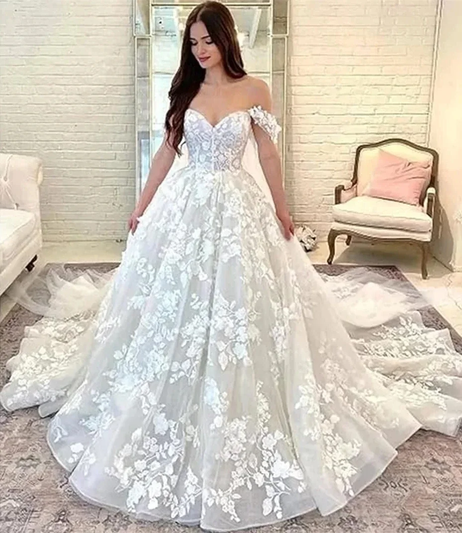 

Lace Wedding Dress Off The Shoulder Ivory A-line Long Wedding Gown For Bride Back Lace-up Beautiful Country Robe Customized