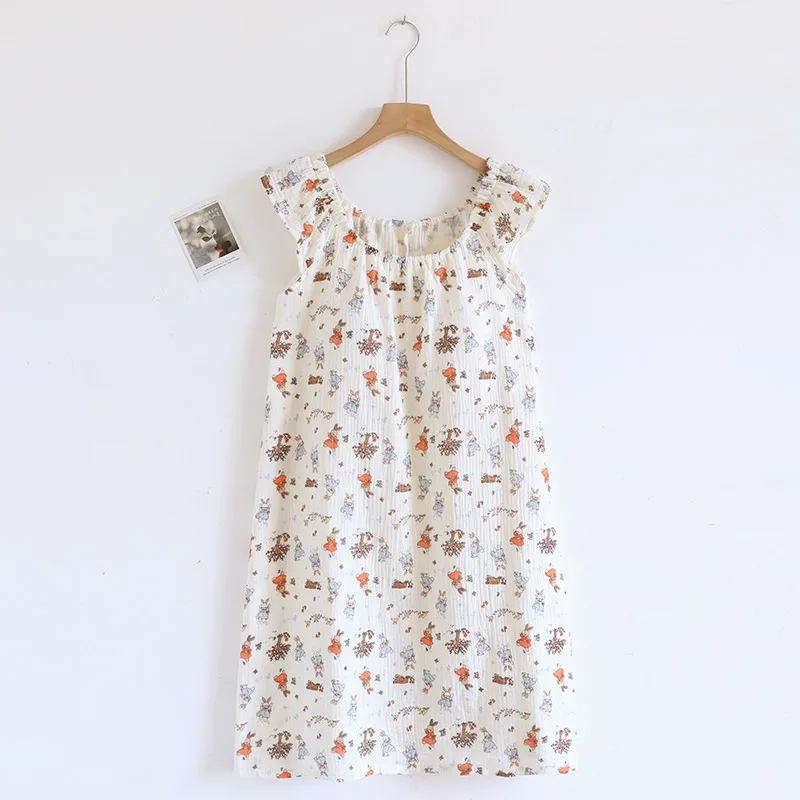 2026 New Summer Women's Sleeping Skirt 100% Cotton Crepe Cloth with Chest Cushion Tank Top Skirt Loose Thin Large Home Clothing view 3