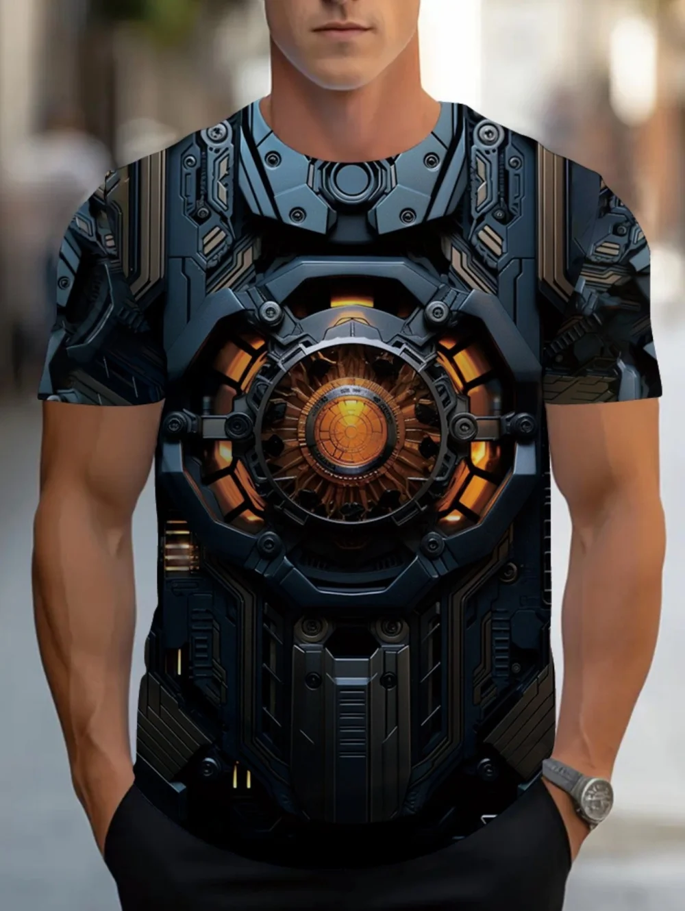 3D-gedrucktes T-Shirt im Metall-Stil für Herren, lässig, Rundhalsausschnitt, Kurzarm, lockere, lustige T-Shirts, Streetwear, Herrenbekleidung – Detail 3
