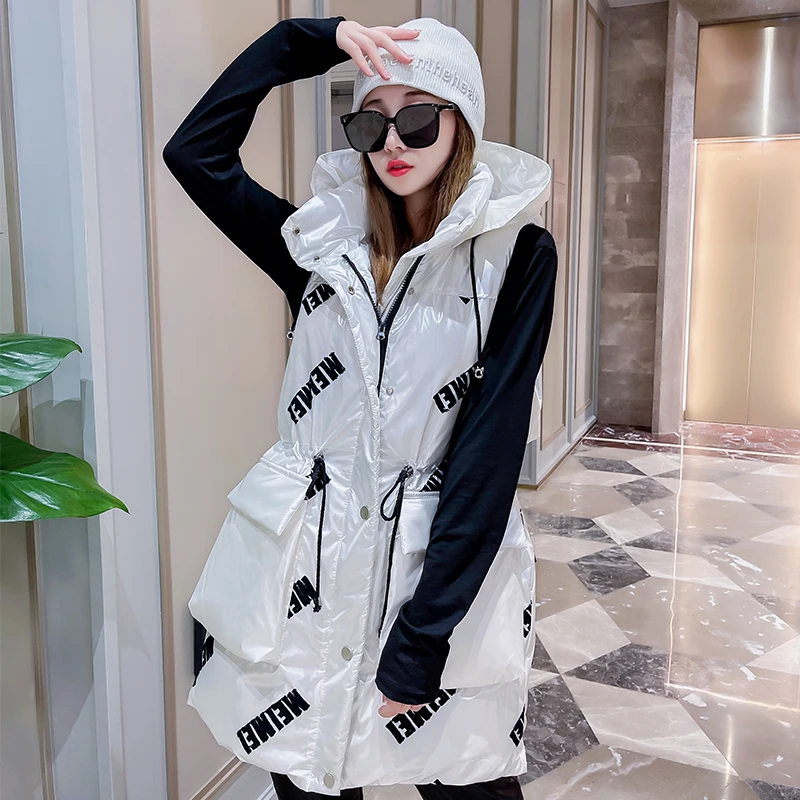 Sleeveless Hooded Jacket Women New Zipper Pocket Solid Color Vests Autumn Winter Casual Outwear Fashion Alphabet Print Vests