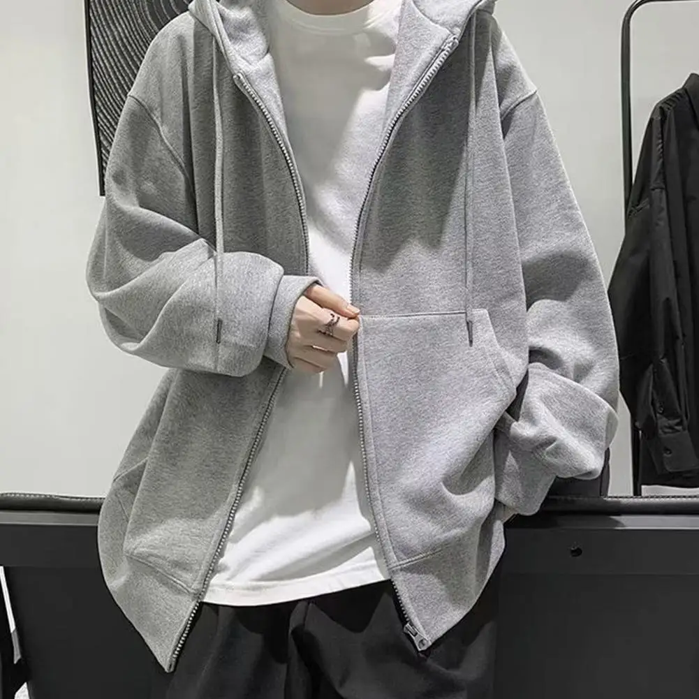 Drawstring Men Hoodie Loose Zip-up Long Sleeves Pockets Hooded Long Sleeve Jacket Cardigan Loose Sweatshirt Spring Hooded Coat