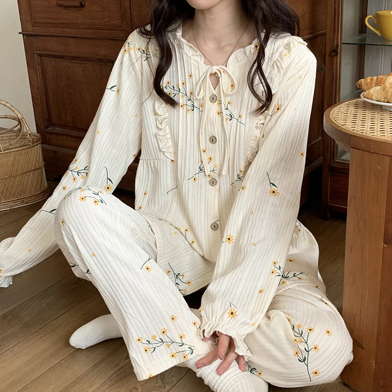 Women\'s Lace Up Pajama Set 2 Pcs with Pant Korea Style Flroal Print Long Sleeve Spring Autumn Buttons Pijama Suit for Female