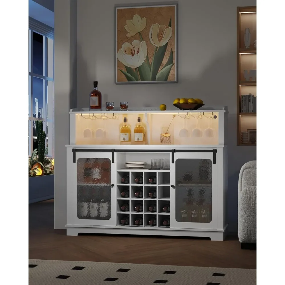 Armário para bar de vinho com luzes LED, armário para bebidas de café de 55" com tomadas de energia, prateleiras ajustáveis, armário buffet aparador