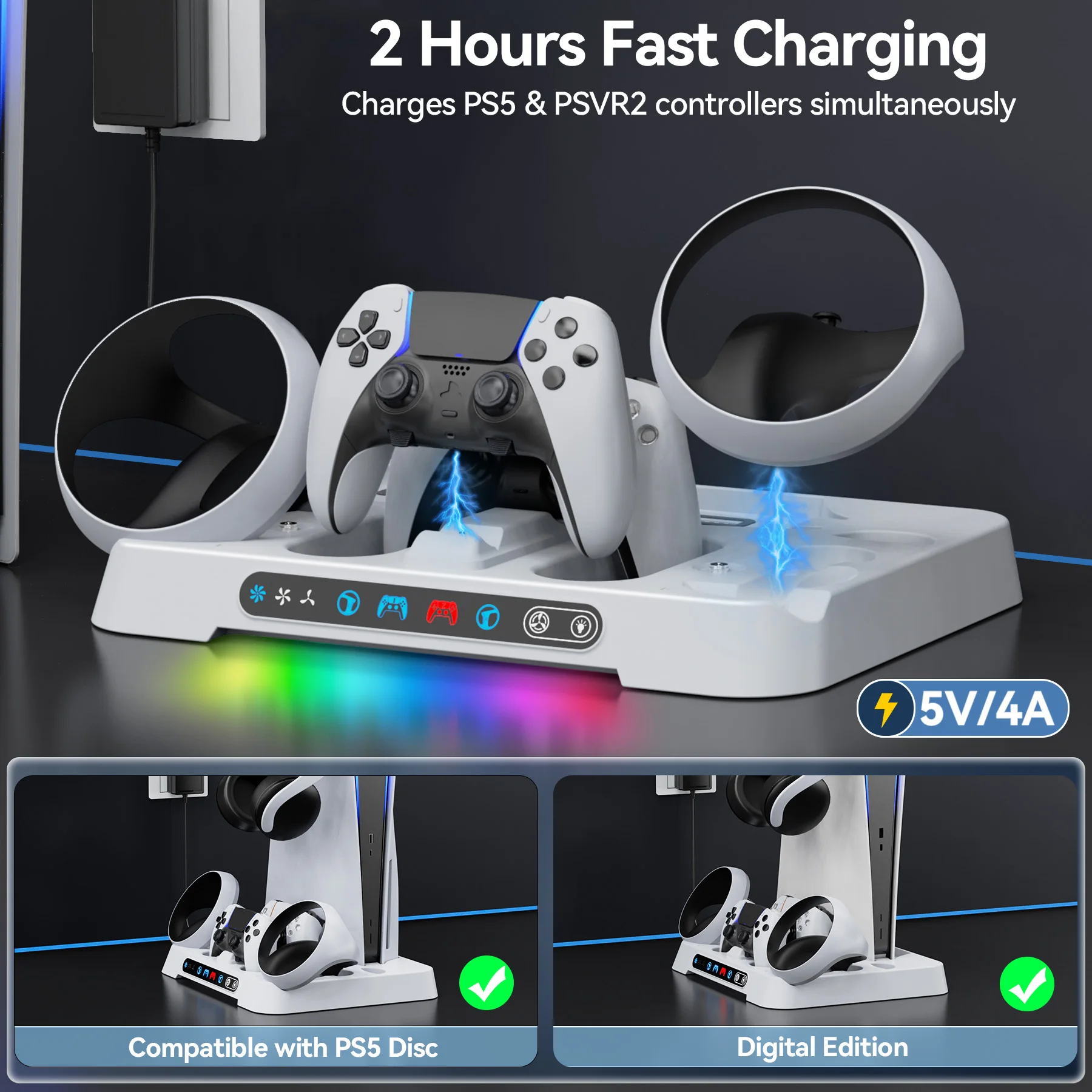 PS5 & PSVR 2 Controller Charging Station with AC Adapter and 3-Level Cooling Fan PS5 Cooling Stand PS5 Accessories Storage