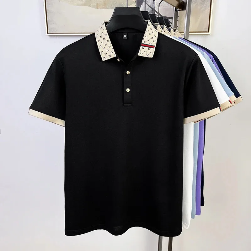 

High quality men's short sleeve T-shirt fashion color blocked lapel summer silky smooth breathable comfortable casual polo shirt