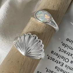 925 Sterling Silver Rings For Women Simple Minimalist Retro Shell Open Finger Ring Fashion Band Female Bijoux Gift