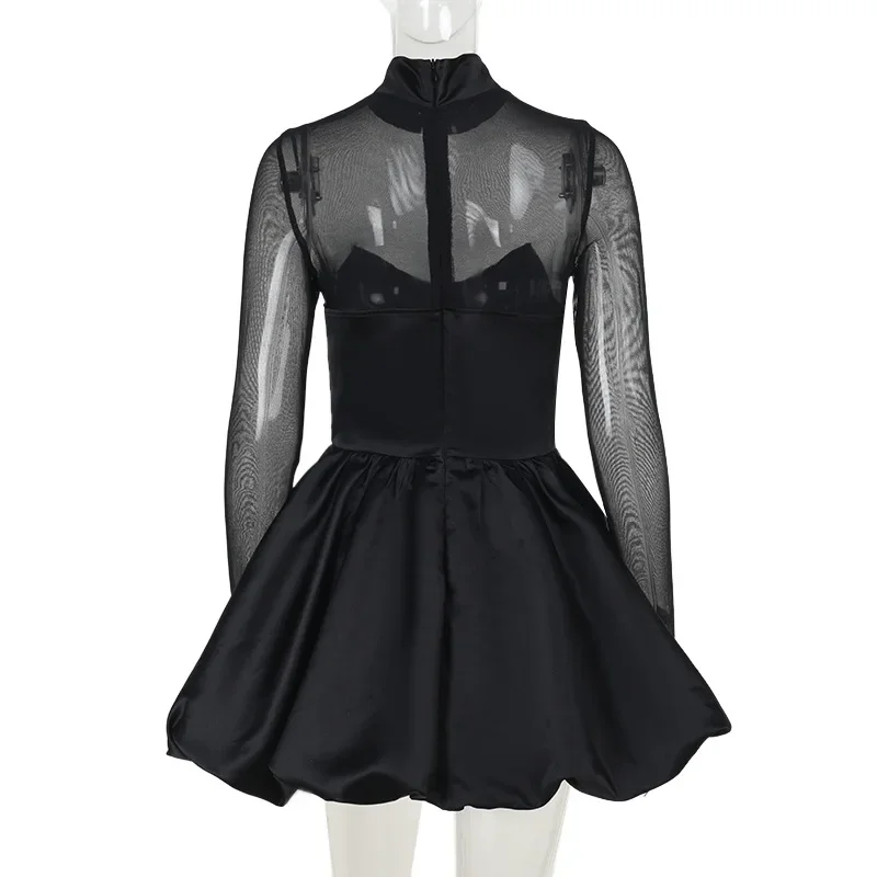 Mini robe transparente à col roulé pour femme, manches longues, noir, transparent, taille haute, ligne A, club, robe de soirée, élégante, sexy, printemps, 2025