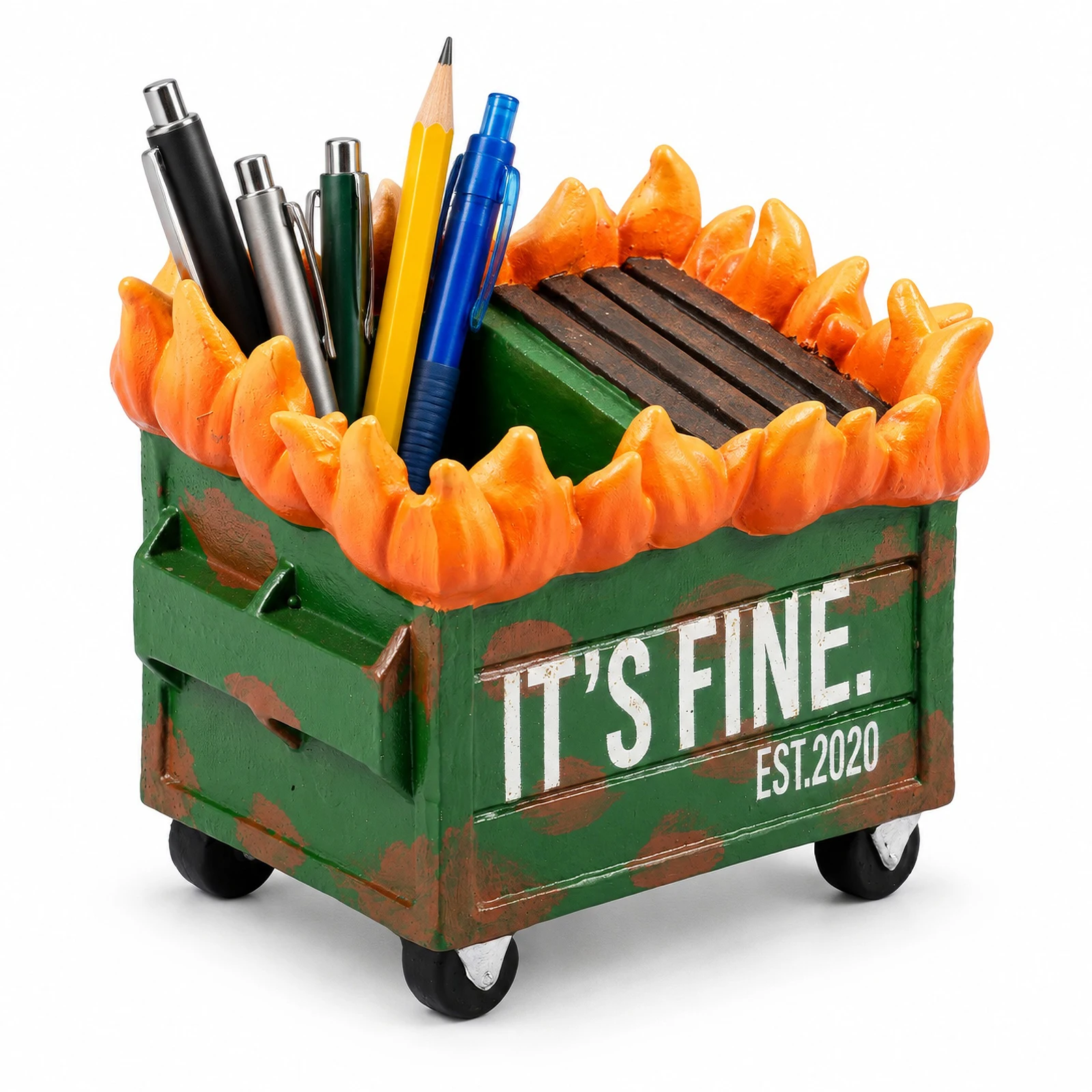Funny Pen Holder Resin Dumpster Fire Pen Holder Desk Organizer Pen Case for Desktop Storage Office Supply Desk Humor Collectible