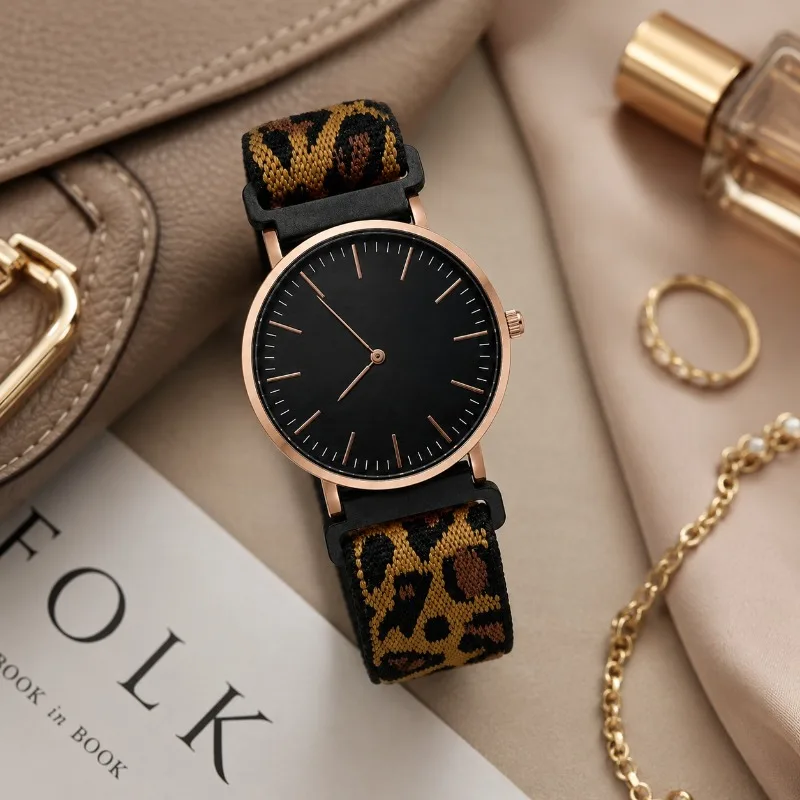 Vintage Leopard Nylon Strap Women Quartz Watch Thin Minimalist Rose Gold Analog Wristwatch Fashion Ladies Jewelry Watch Gift