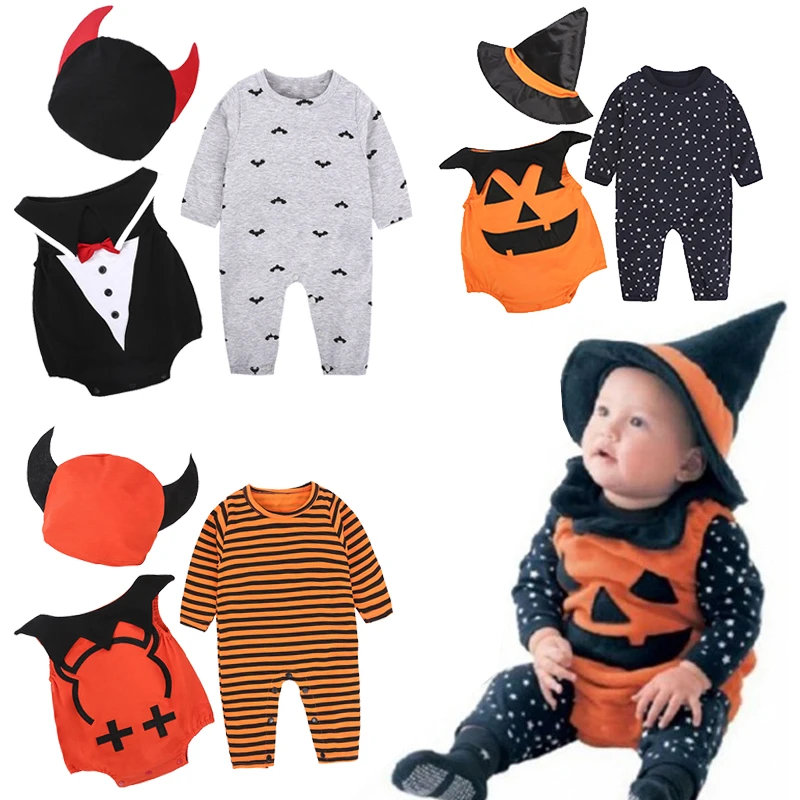 

3 Pieces Suit Halloween Baby Boy Clothes Baby Romper + Hat + Onesies Infant Halloween Party Pumpkin Little Devil Cosplay Costume