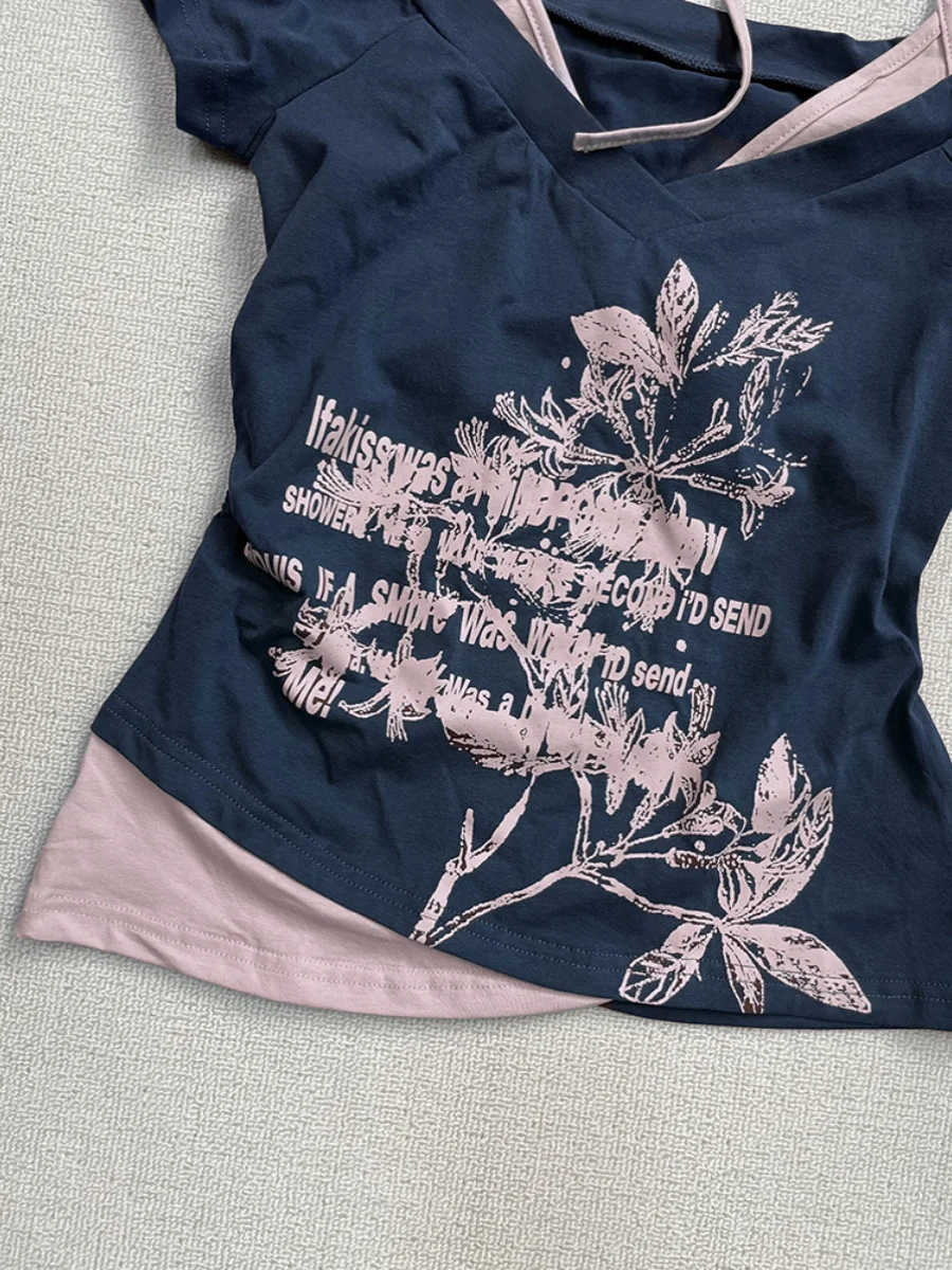 Blue oulder Bared ort Sve T irt Damen Sommer American Retro Design Einzigartiges zweiteiliges Top Baumwollmischung Slim Fit Yout...