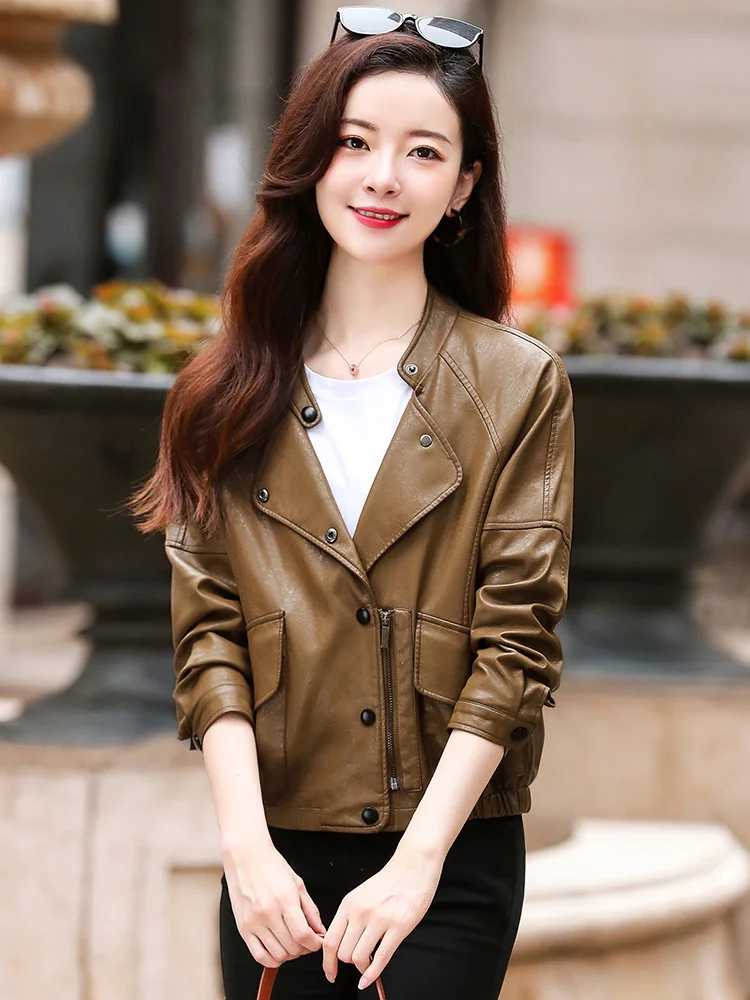 Leather New Women Casual Jacket Spring Autumn 2023 Fashion Stand Collar Zipper Short Sheepskin Coat Loose Moto&Biker Jacket