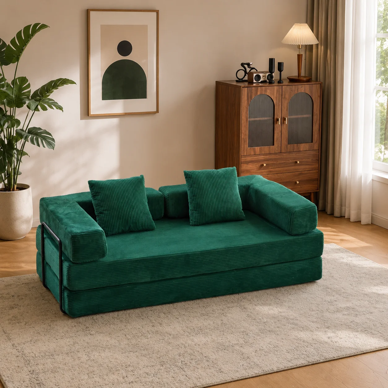 Ciemnozielona, sztruksowa, dwuosobowa, modułowa sofa z funkcją spania, rozkładana sofa podłogowa 2w1 z poduszkami, nie wymaga montażu, kompresowana sofa do mieszkania, salonu, akademika, sypialni.