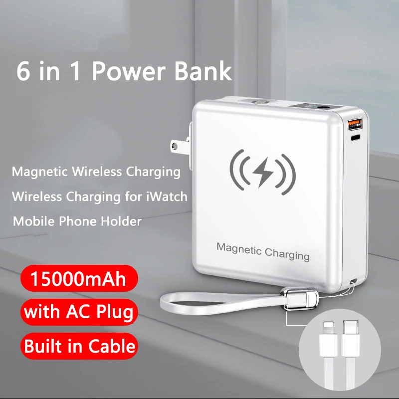 

15000mAh Magnetic Wireless Charge Power Bank for iPhone 14 13 Apple Watch Xiaomi Huawei 22.5W Fast Charge Powerbank with AC plug