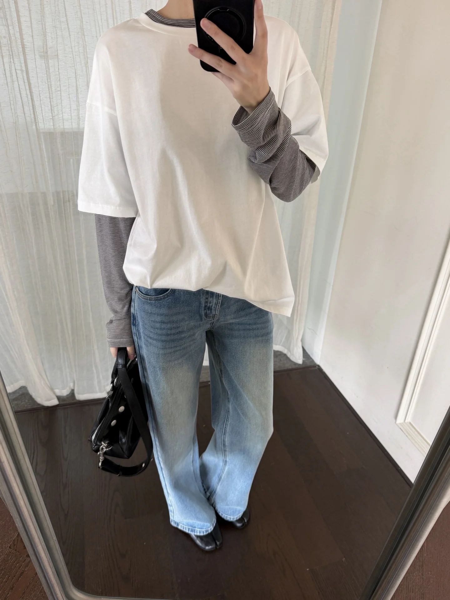 Women Fake Two Piece Long Sleeve T-Shirt, Striped Contrast Neck Layered Look Oversized Tee, Casual Patchwork Stripe Sleeve Top